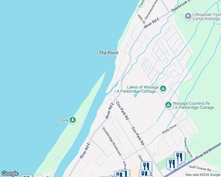 map of restaurants, bars, coffee shops, grocery stores, and more near 30 Shore Line East in Wasaga Beach