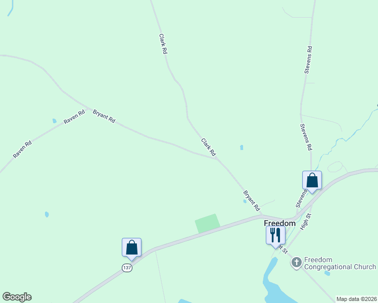 map of restaurants, bars, coffee shops, grocery stores, and more near 89 Bryant Road in Freedom