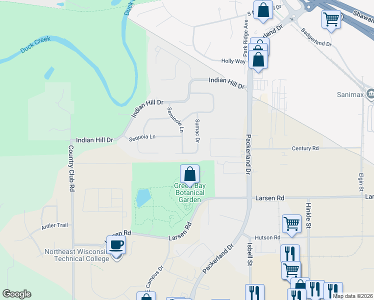 map of restaurants, bars, coffee shops, grocery stores, and more near 2607 Sumac Place in Green Bay