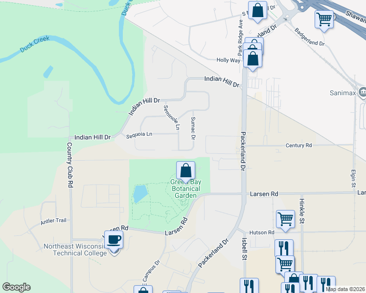 map of restaurants, bars, coffee shops, grocery stores, and more near 2607 Sumac Place in Green Bay