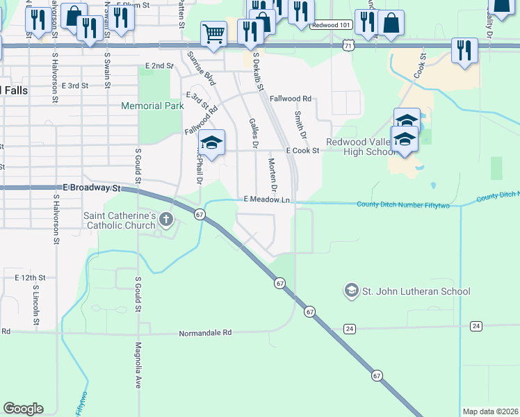 map of restaurants, bars, coffee shops, grocery stores, and more near 106 Knollwood Drive in Redwood Falls