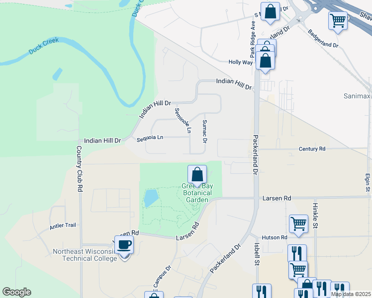 map of restaurants, bars, coffee shops, grocery stores, and more near 324 Seminole Lane in Green Bay