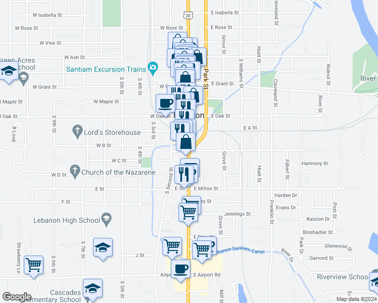 map of restaurants, bars, coffee shops, grocery stores, and more near 1180 Park Street in Lebanon