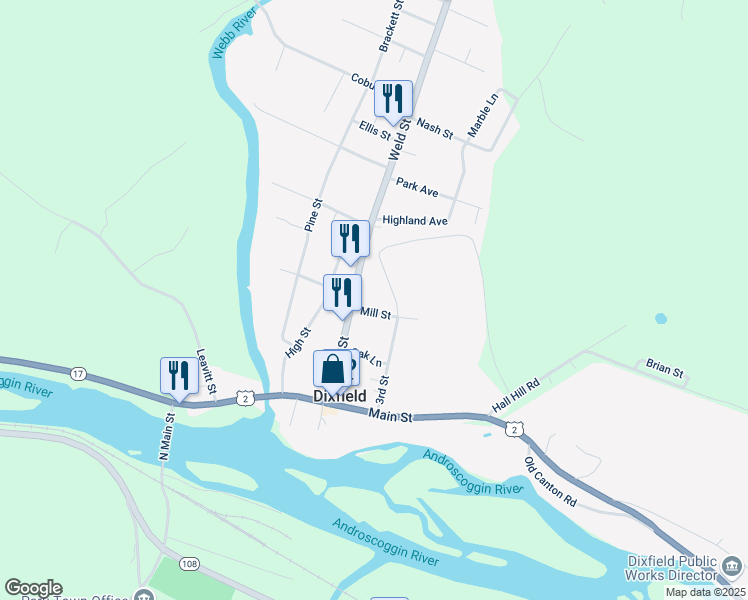 map of restaurants, bars, coffee shops, grocery stores, and more near 59 Weld Street in Dixfield