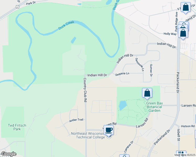 map of restaurants, bars, coffee shops, grocery stores, and more near 2757 Indian Hill Drive in Green Bay