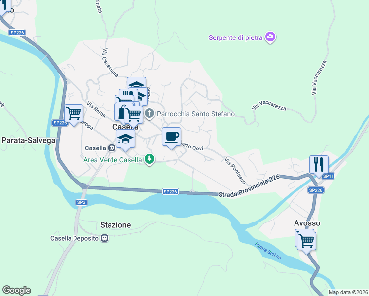 map of restaurants, bars, coffee shops, grocery stores, and more near 3A Via Gilberto Govi in Casella