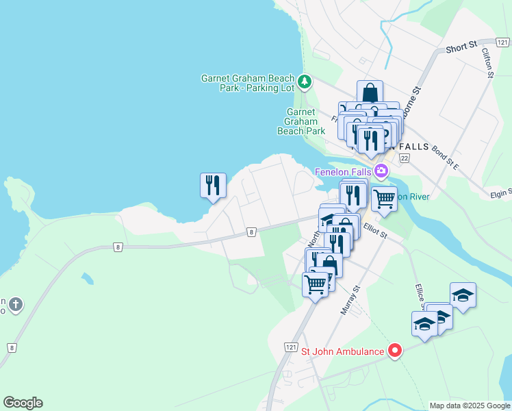 map of restaurants, bars, coffee shops, grocery stores, and more near 24 West Street North in Kawartha Lakes