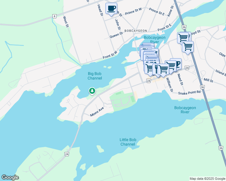map of restaurants, bars, coffee shops, grocery stores, and more near 49 Mansfield Street in Kawartha Lakes