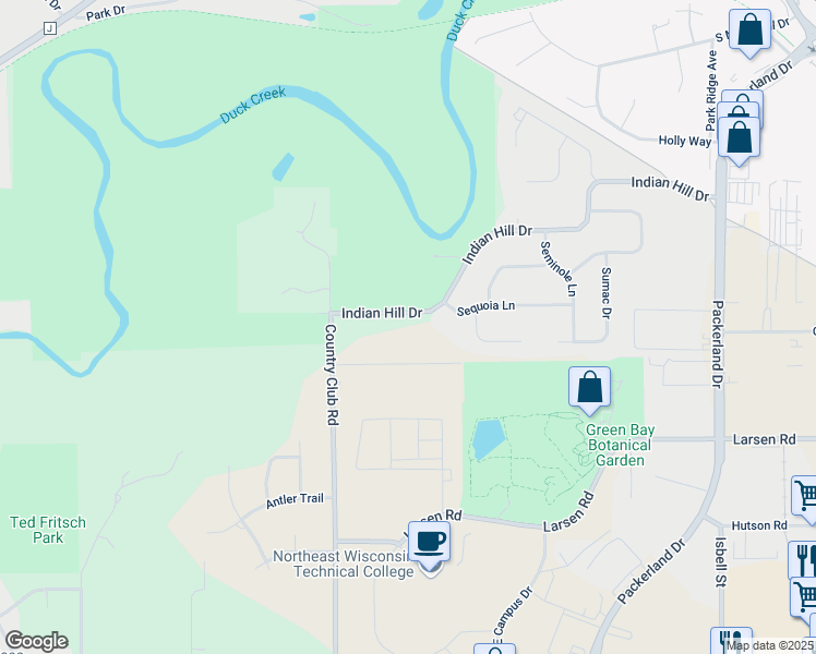 map of restaurants, bars, coffee shops, grocery stores, and more near 2757 Indian Hill Drive in Green Bay
