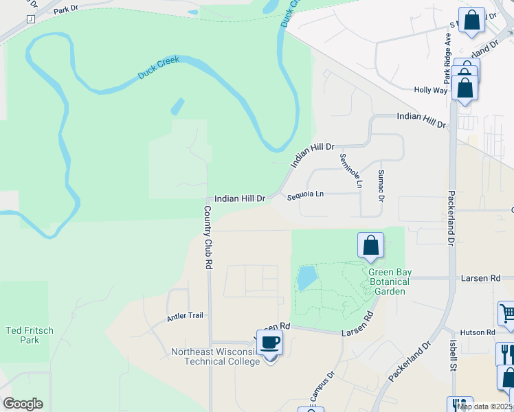 map of restaurants, bars, coffee shops, grocery stores, and more near 2757 Indian Hill Drive in Green Bay