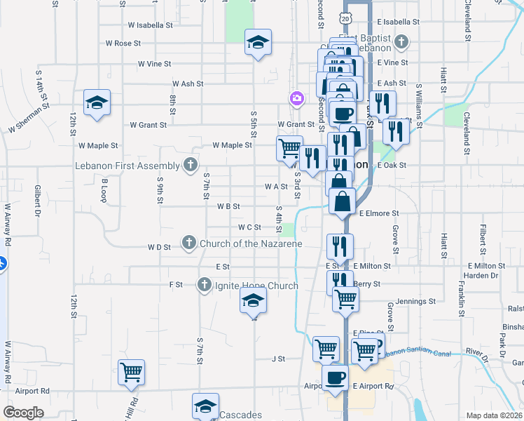 map of restaurants, bars, coffee shops, grocery stores, and more near 370 West B Street in Lebanon