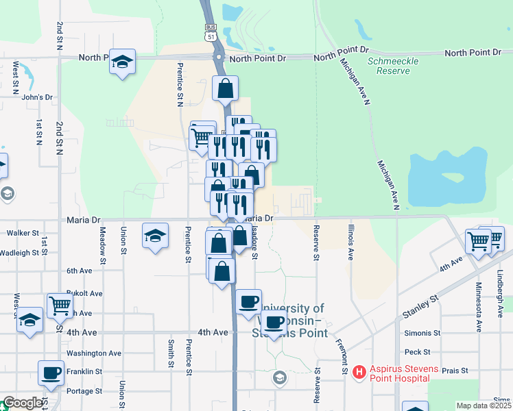 map of restaurants, bars, coffee shops, grocery stores, and more near 1800 Maria Drive in Stevens Point