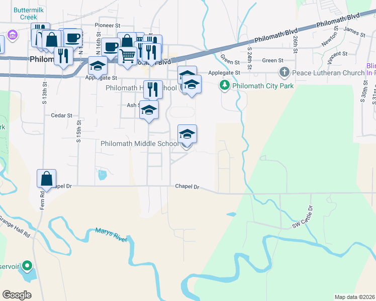 map of restaurants, bars, coffee shops, grocery stores, and more near 2021 Chapel Drive in Philomath