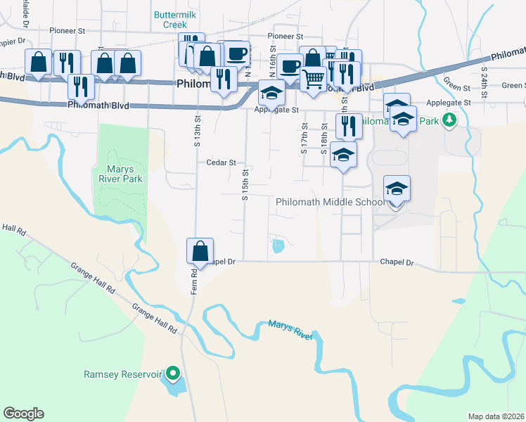 map of restaurants, bars, coffee shops, grocery stores, and more near 602 South 15th Street in Philomath