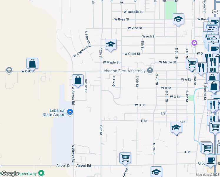 map of restaurants, bars, coffee shops, grocery stores, and more near 1065 B Loop in Lebanon