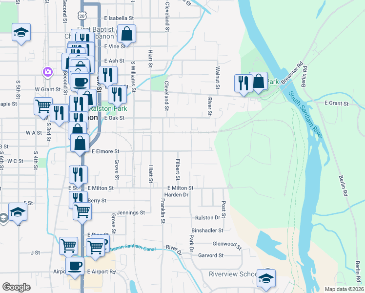 map of restaurants, bars, coffee shops, grocery stores, and more near 1124 Eddie Street in Lebanon