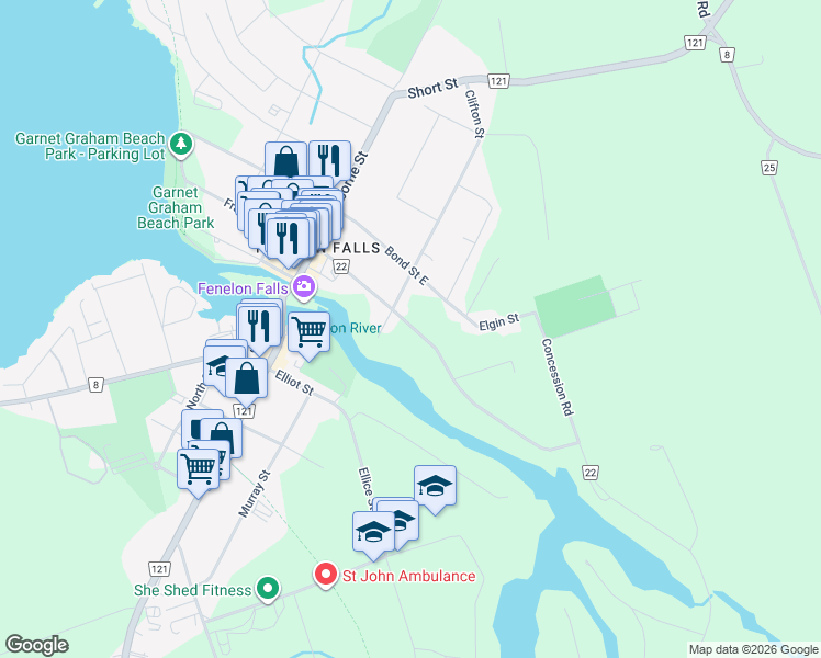map of restaurants, bars, coffee shops, grocery stores, and more near 80 Francis Street East in Kawartha Lakes