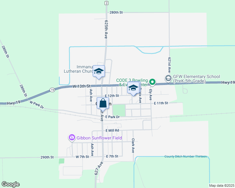 map of restaurants, bars, coffee shops, grocery stores, and more near 1220 Baker Avenue in Gibbon