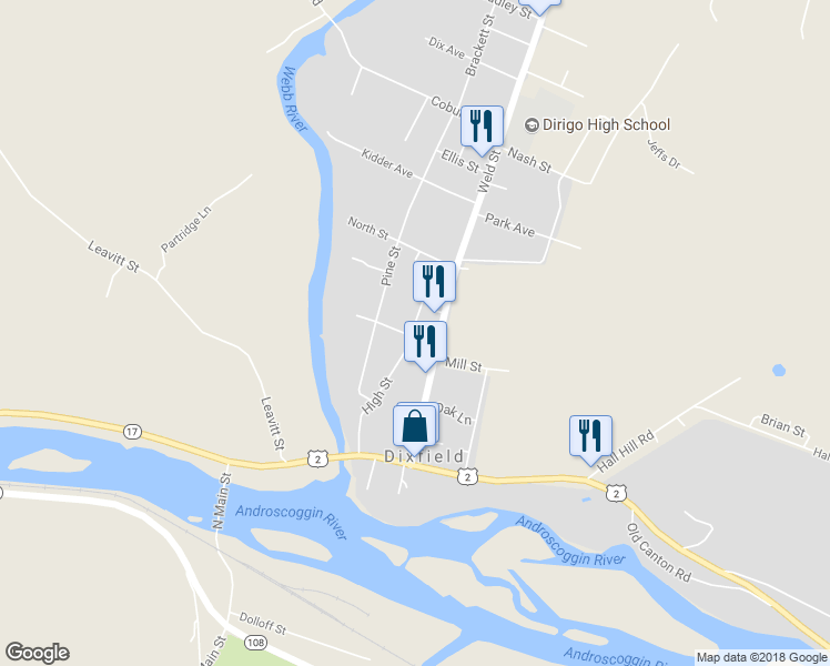 map of restaurants, bars, coffee shops, grocery stores, and more near 57 High Street in Dixfield