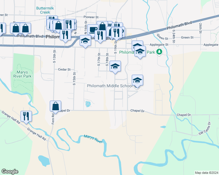map of restaurants, bars, coffee shops, grocery stores, and more near 600 South 19th Street in Philomath