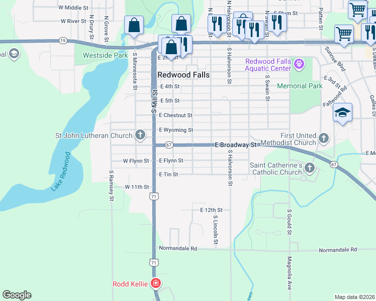map of restaurants, bars, coffee shops, grocery stores, and more near 220 East Broadway Street in Redwood Falls