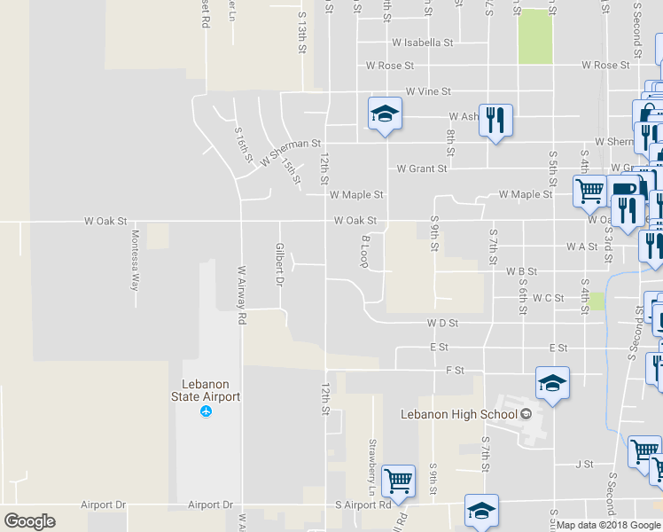 map of restaurants, bars, coffee shops, grocery stores, and more near 995 West D Street in Lebanon