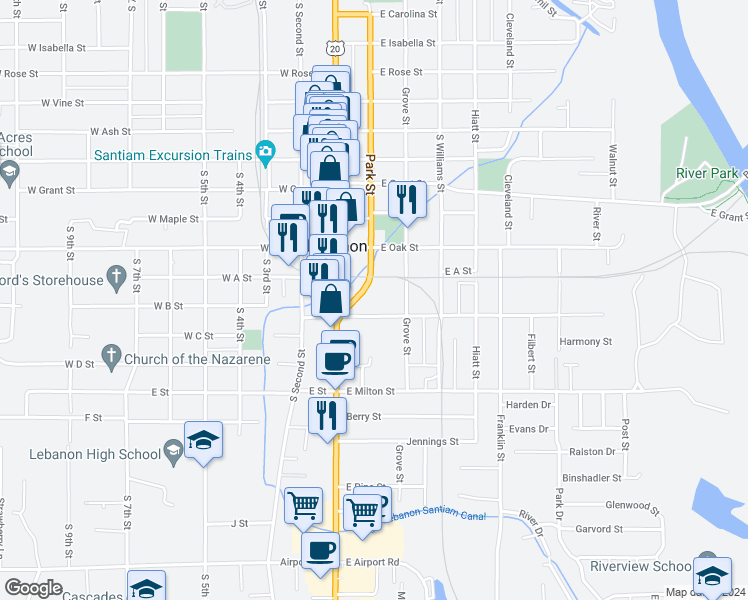 map of restaurants, bars, coffee shops, grocery stores, and more near 123 East Elmore Street in Lebanon