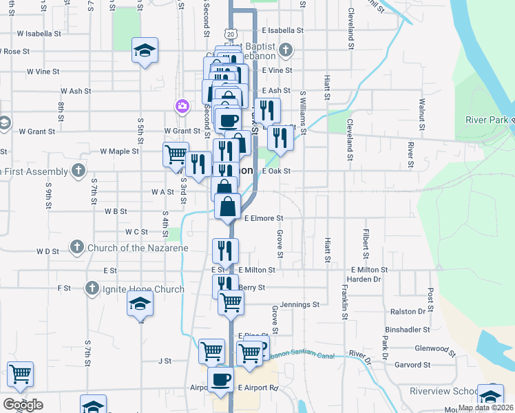 map of restaurants, bars, coffee shops, grocery stores, and more near 1324 Tamarack Southwest Court in Lebanon