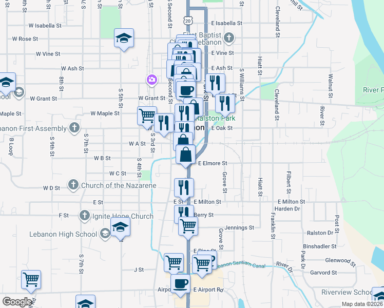 map of restaurants, bars, coffee shops, grocery stores, and more near 1175 South Main Street in Lebanon