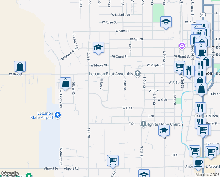 map of restaurants, bars, coffee shops, grocery stores, and more near 1039 South 10th Street in Lebanon