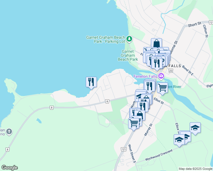 map of restaurants, bars, coffee shops, grocery stores, and more near 10 Oriole Road in Kawartha Lakes