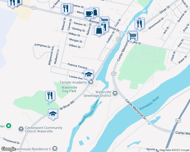 map of restaurants, bars, coffee shops, grocery stores, and more near 100 West River Road in Waterville