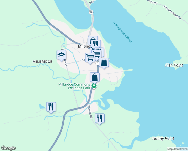 map of restaurants, bars, coffee shops, grocery stores, and more near in Milbridge