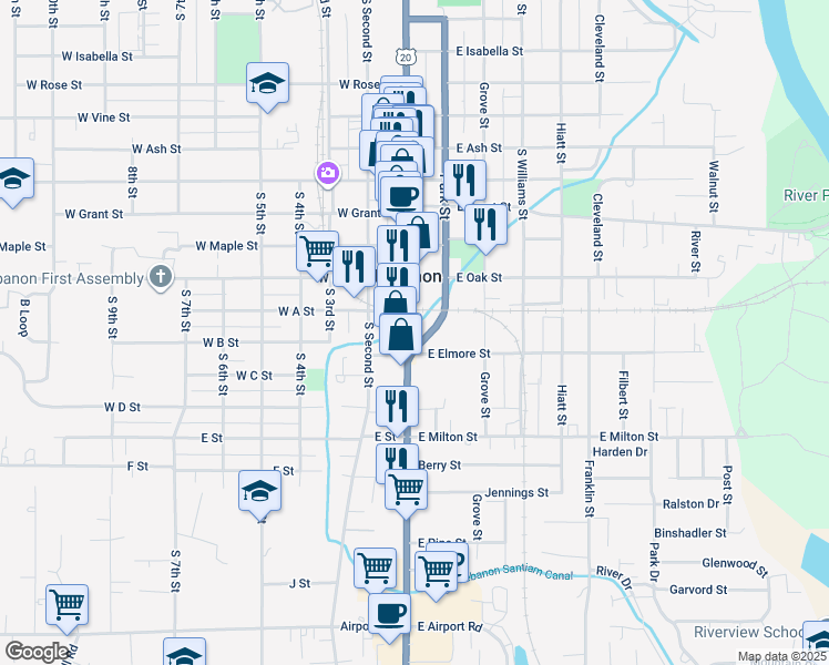 map of restaurants, bars, coffee shops, grocery stores, and more near 1180 Park Street in Lebanon