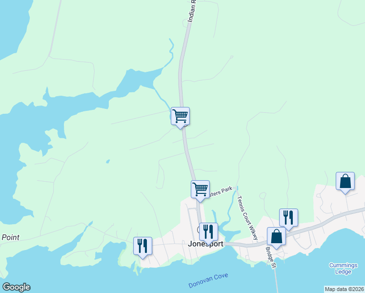 map of restaurants, bars, coffee shops, grocery stores, and more near 2061 Indian River Road in Jonesport