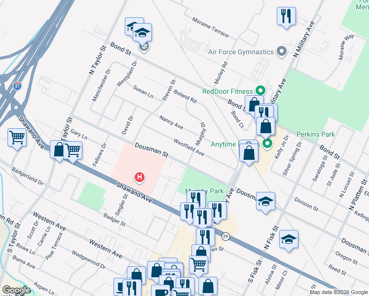 map of restaurants, bars, coffee shops, grocery stores, and more near 1679 Westfield Avenue in Green Bay