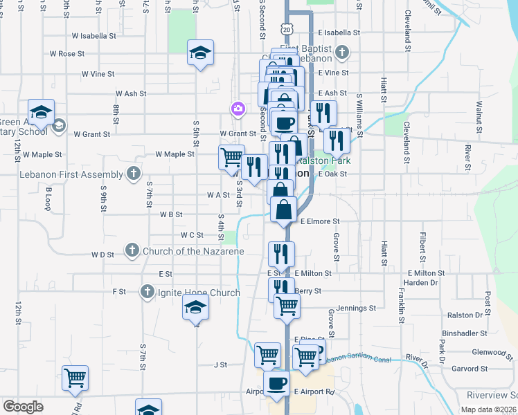map of restaurants, bars, coffee shops, grocery stores, and more near 1164 South Second Street in Lebanon