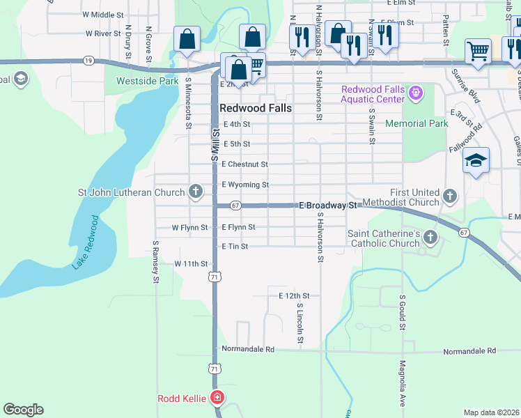 map of restaurants, bars, coffee shops, grocery stores, and more near 220 East Broadway Street in Redwood Falls