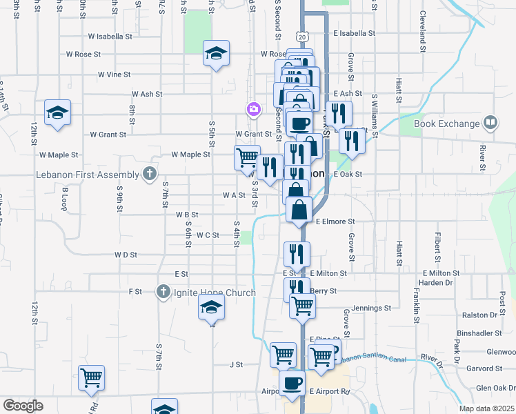 map of restaurants, bars, coffee shops, grocery stores, and more near 1165 South 3rd Street in Lebanon