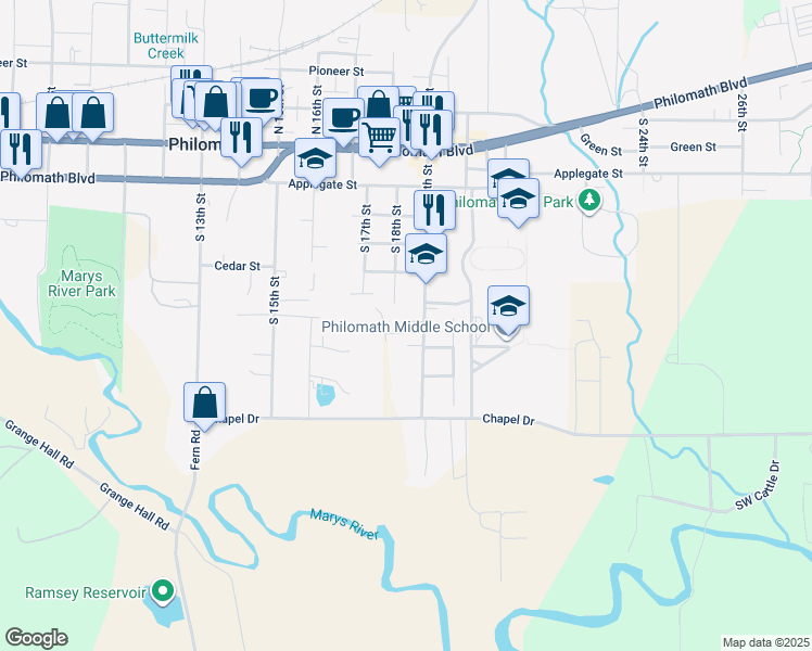 map of restaurants, bars, coffee shops, grocery stores, and more near 600 South 19th Street in Philomath