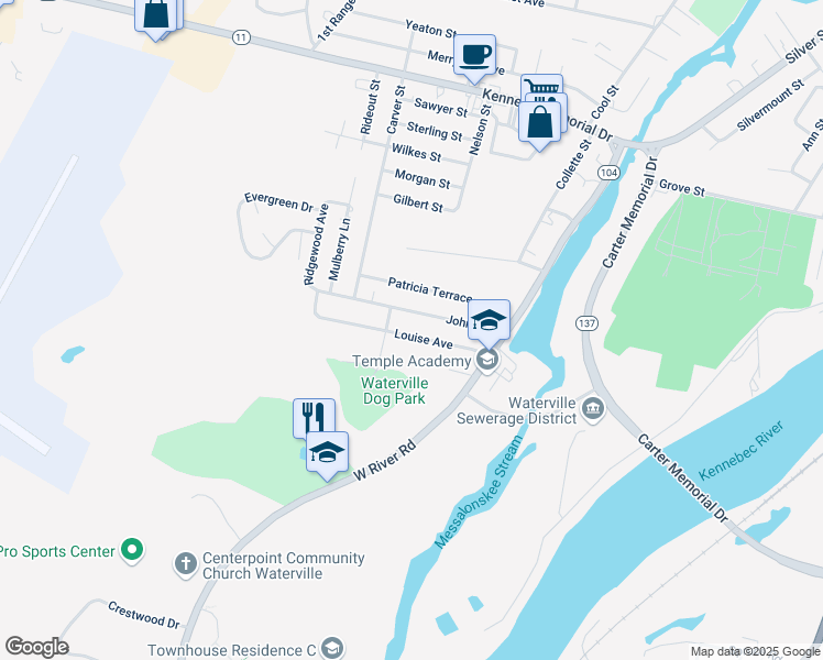map of restaurants, bars, coffee shops, grocery stores, and more near 25 Louise Avenue in Waterville