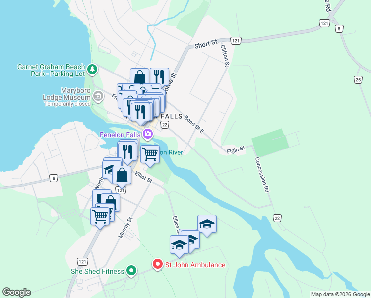 map of restaurants, bars, coffee shops, grocery stores, and more near 22 Clifton Street in Kawartha Lakes