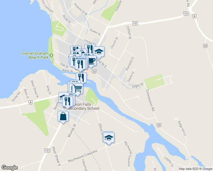 map of restaurants, bars, coffee shops, grocery stores, and more near 22 Clifton Street in Kawartha Lakes