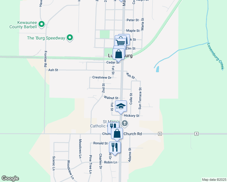 map of restaurants, bars, coffee shops, grocery stores, and more near 407 Pine Street in Luxemburg
