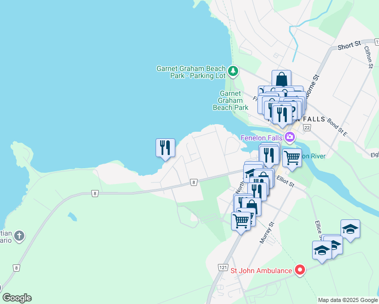 map of restaurants, bars, coffee shops, grocery stores, and more near 67 West Street North in Kawartha Lakes