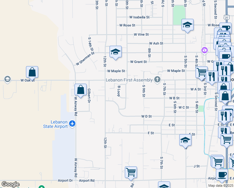 map of restaurants, bars, coffee shops, grocery stores, and more near 1065 B Loop in Lebanon