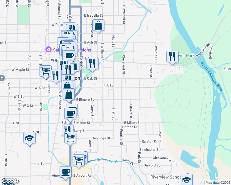 map of restaurants, bars, coffee shops, grocery stores, and more near 1147 Hiatt Street in Lebanon