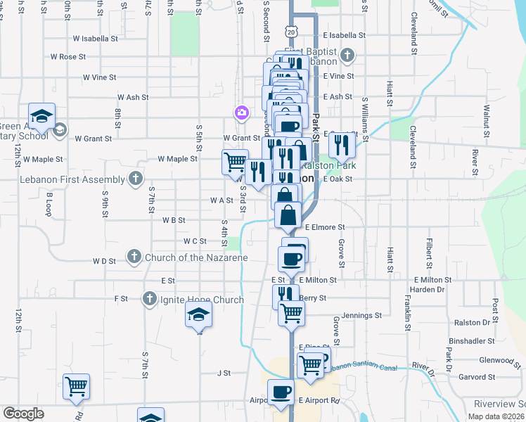 map of restaurants, bars, coffee shops, grocery stores, and more near 1164 South Second Street in Lebanon