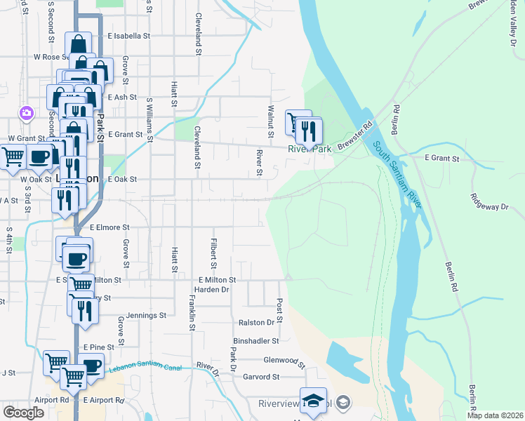 map of restaurants, bars, coffee shops, grocery stores, and more near 793 East Elmore Street in Lebanon