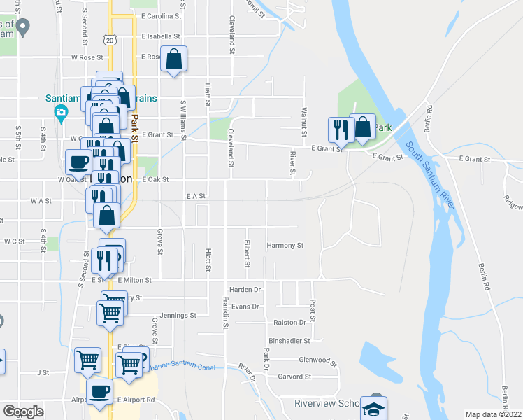 map of restaurants, bars, coffee shops, grocery stores, and more near 1124 Eddie Street in Lebanon